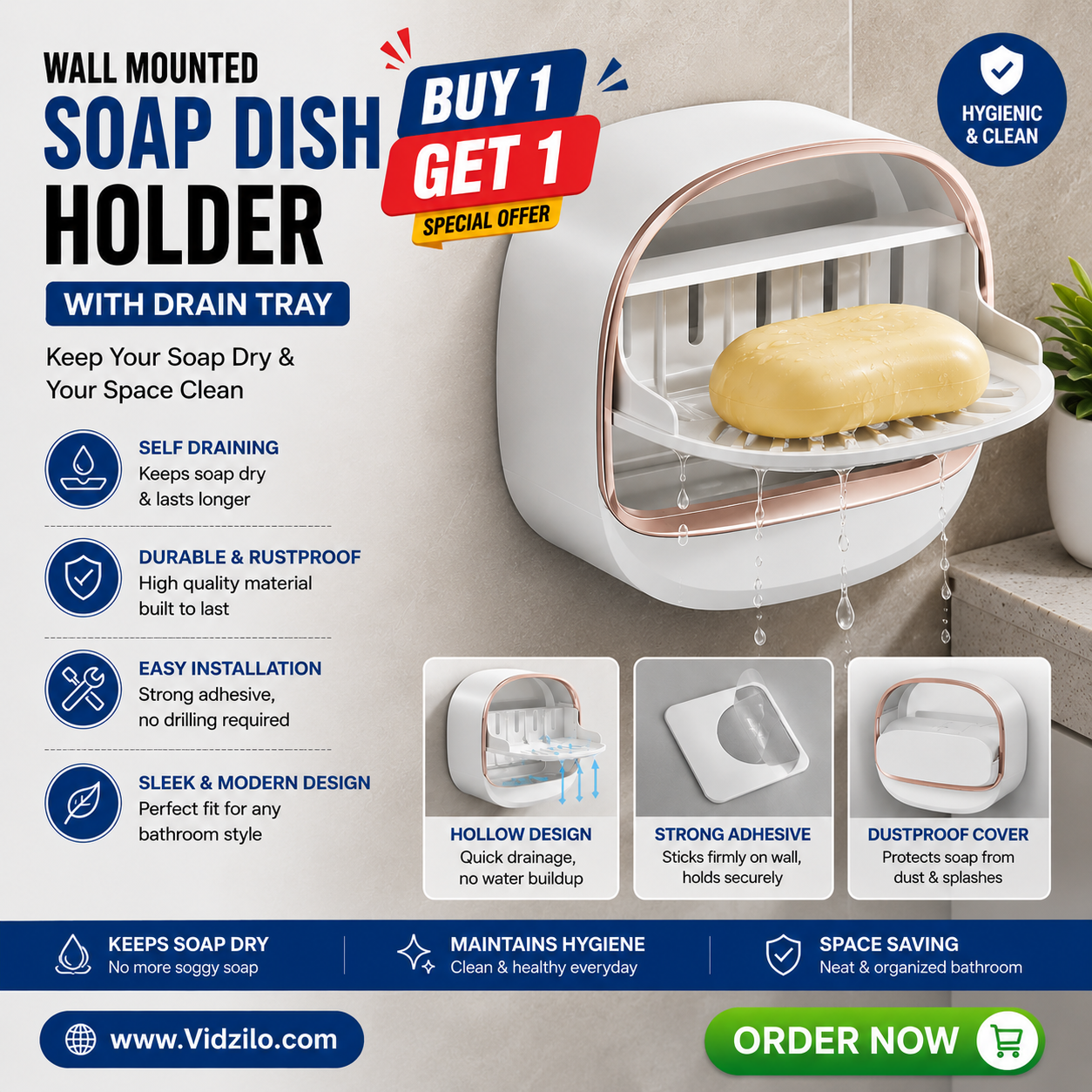 Wall Mounted Soap Holder With Drain Tray | Buy 1 Get 1 Free