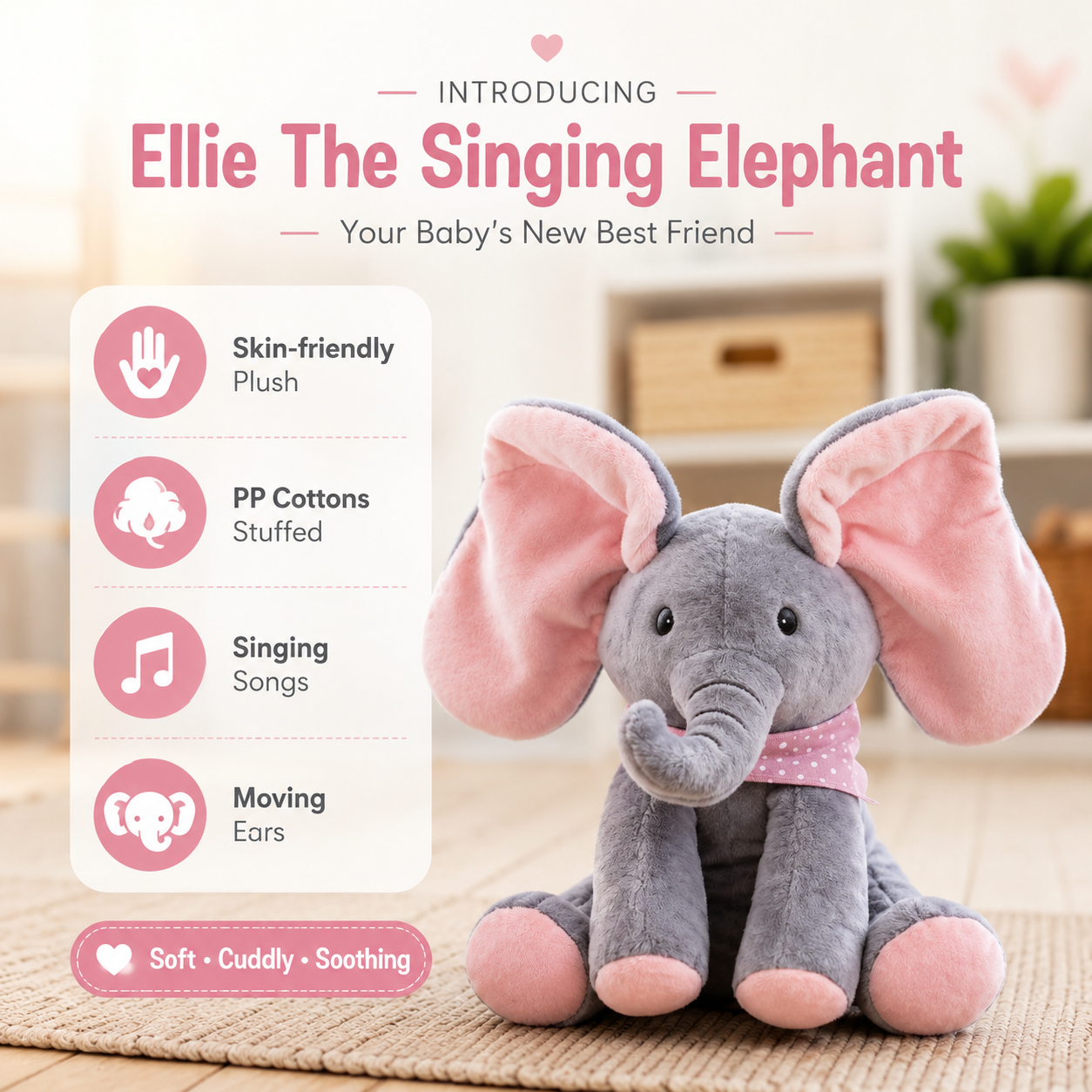 Interactive Pink Elephant Plush Toy with Music
