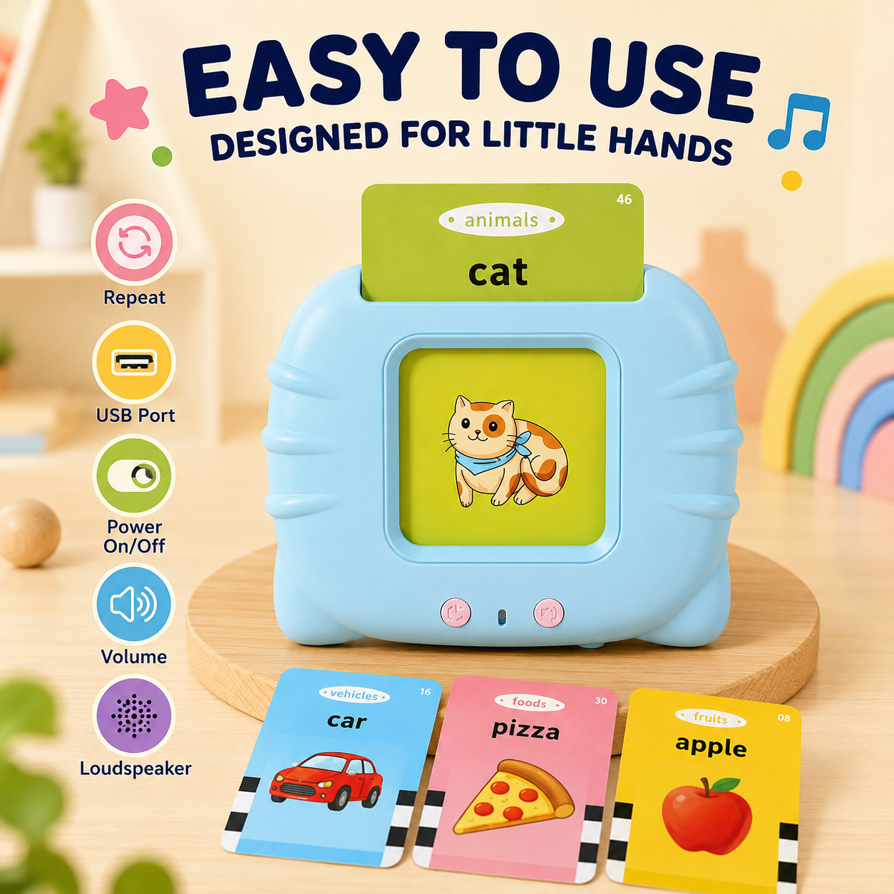 Kids talking flash cards with smart card reader