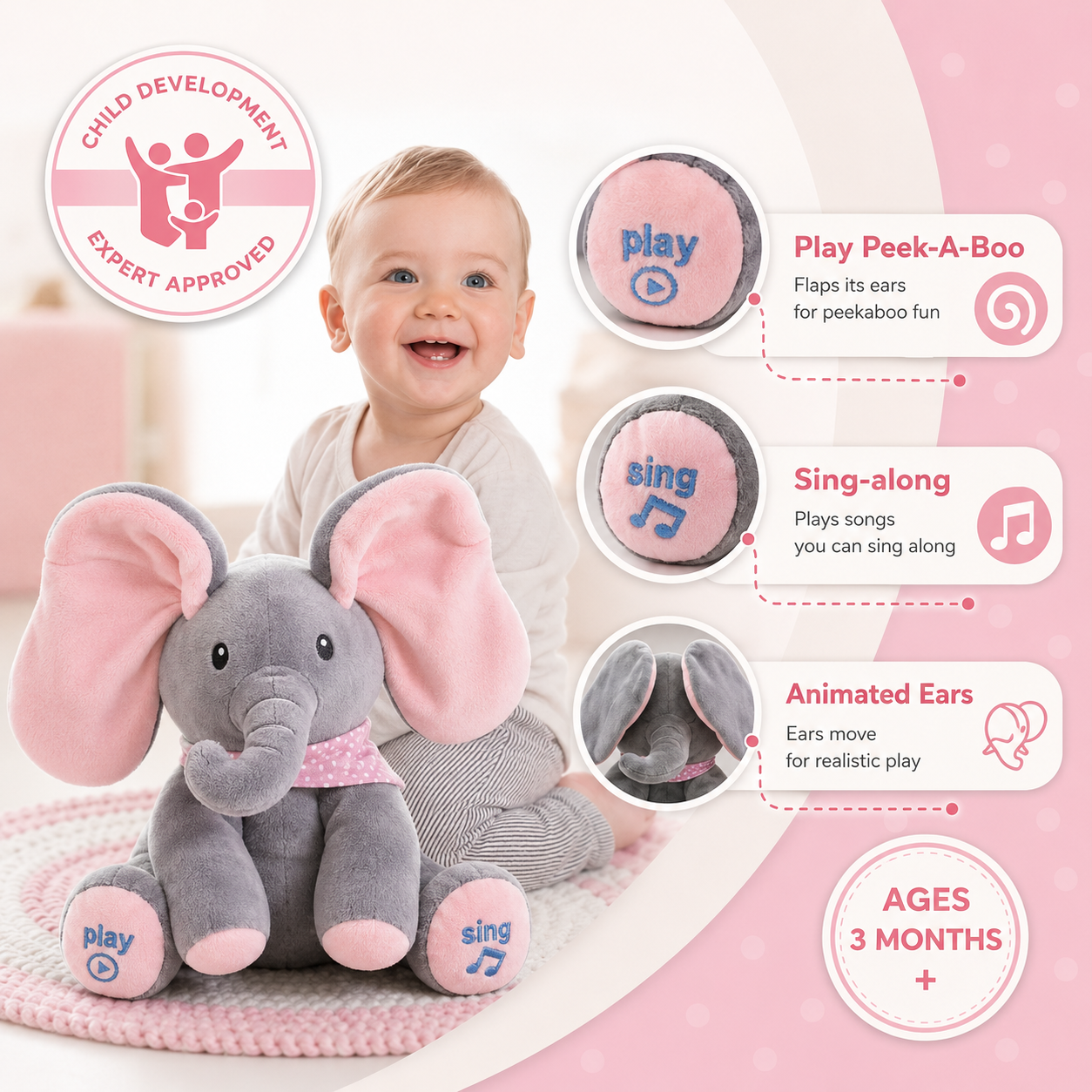 Musical Elephant Plush Toy with Moving Ears
