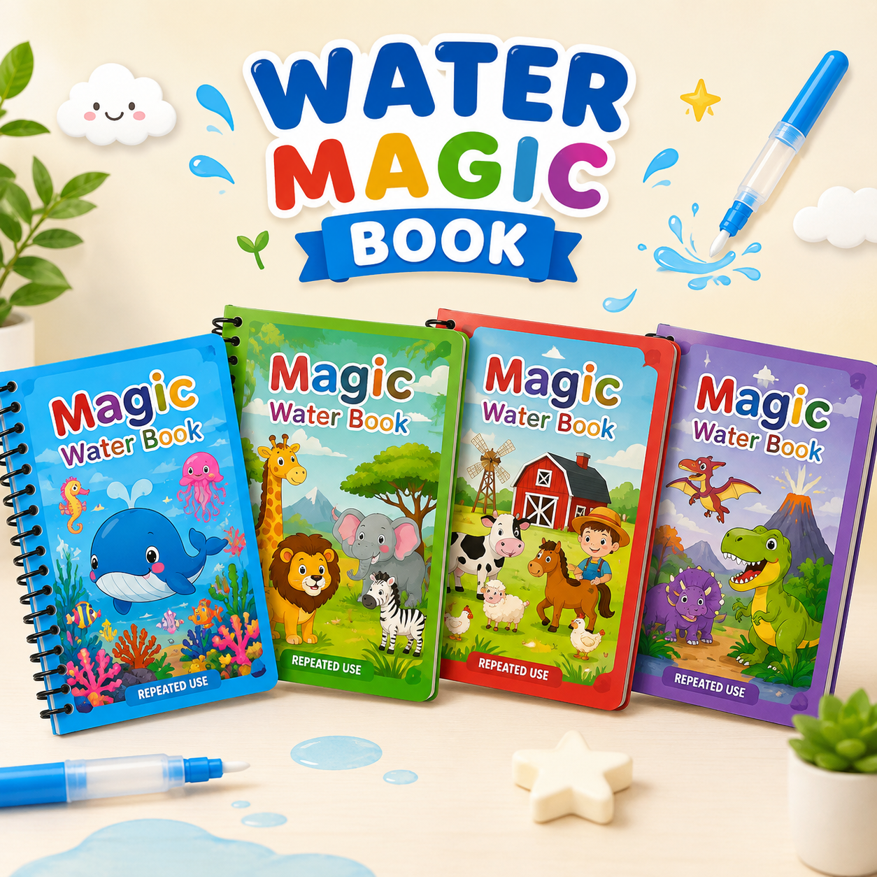 Water Magic Drawing Book with Refillable Water Pen