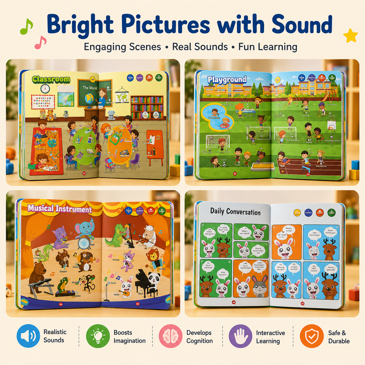 Interactive learning book with sound buttons