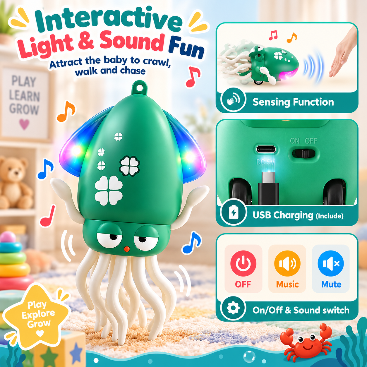 Kids crawling octopus toy with LED lights