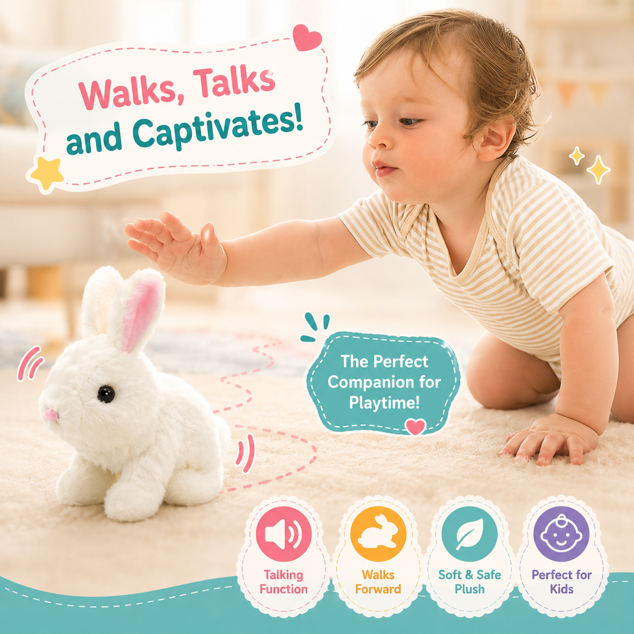 Kids interactive plush bunny with wiggling ears