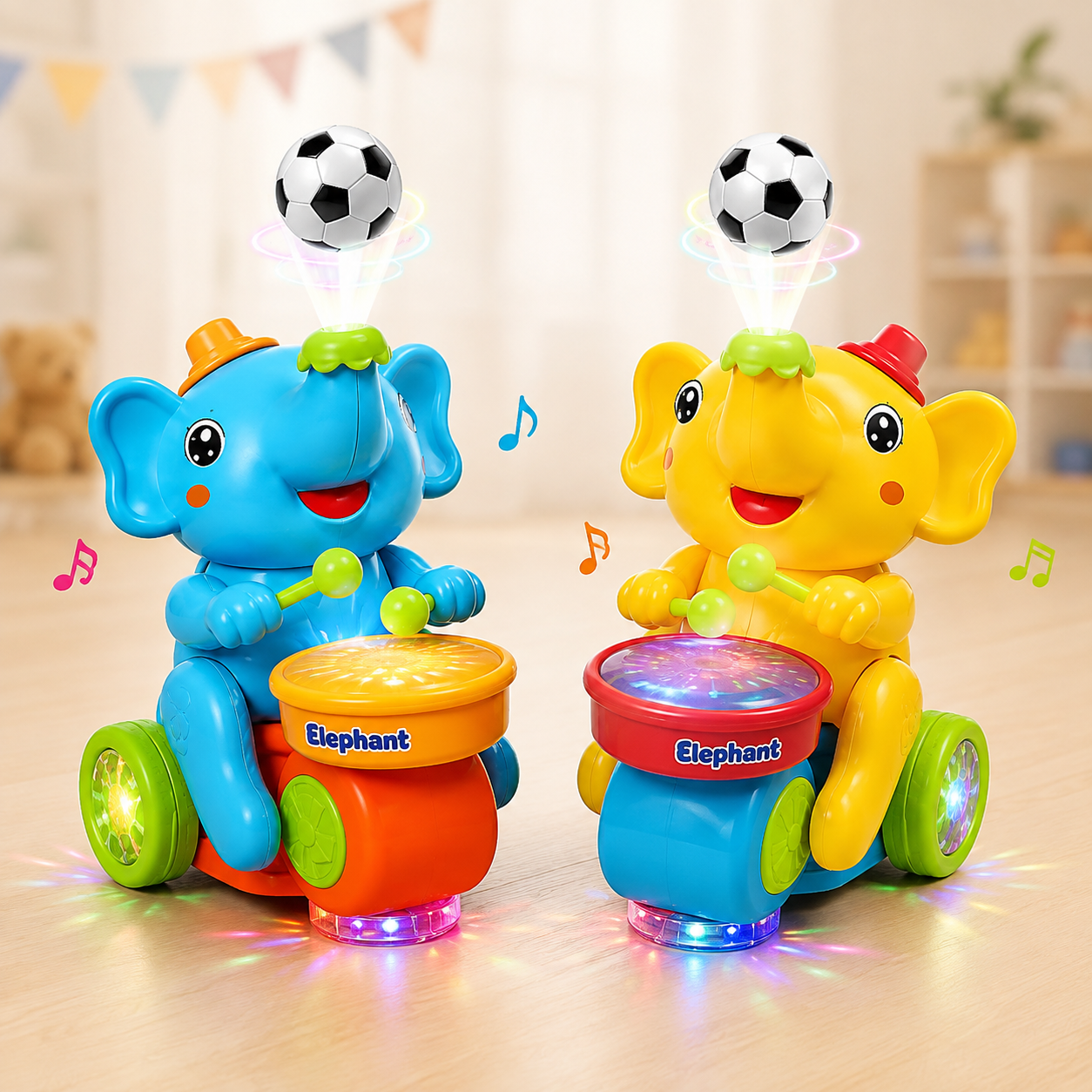 Interactive elephant drummer toy with floating ball