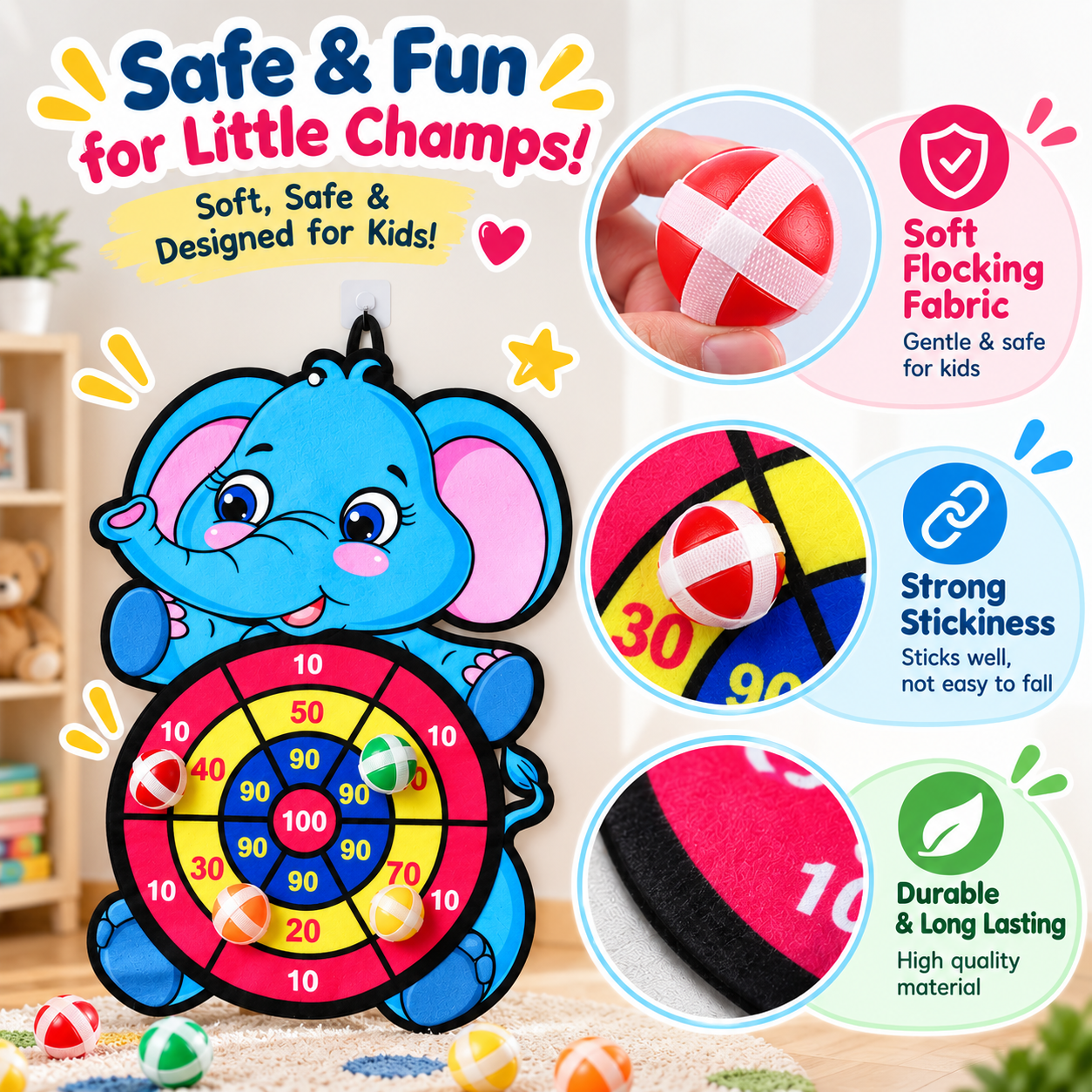 Colourful elephant dart board with sticky balls
