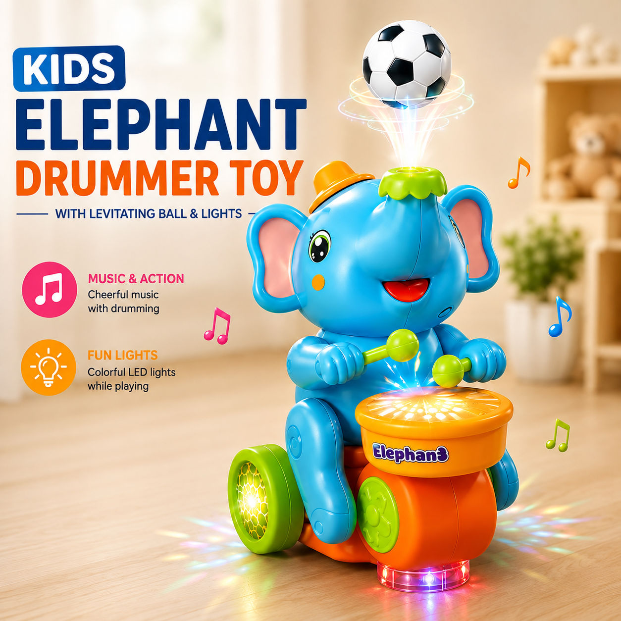 Musical elephant drummer toy with levitating ball for kids