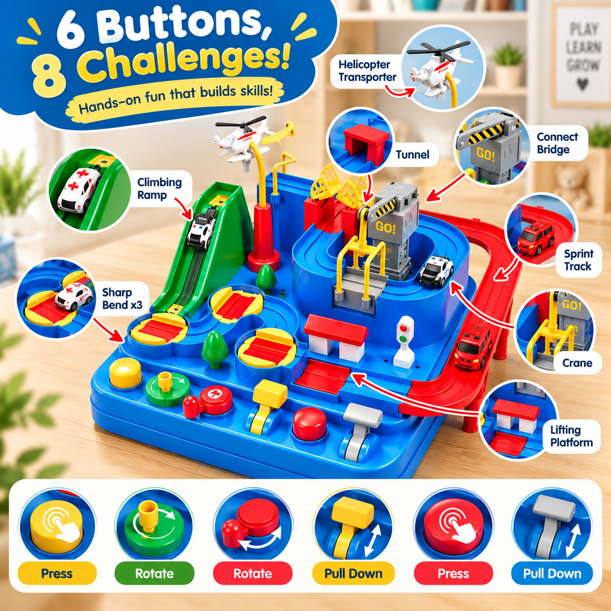 Kids interactive rescue car track with buttons and challenges