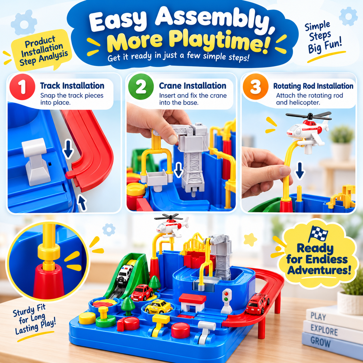 Educational car track toy with interactive buttons for children