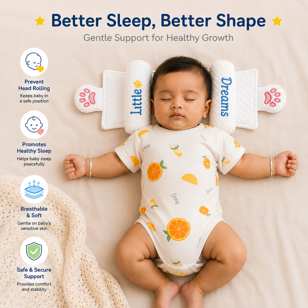 Soft cushioned baby head support pillow