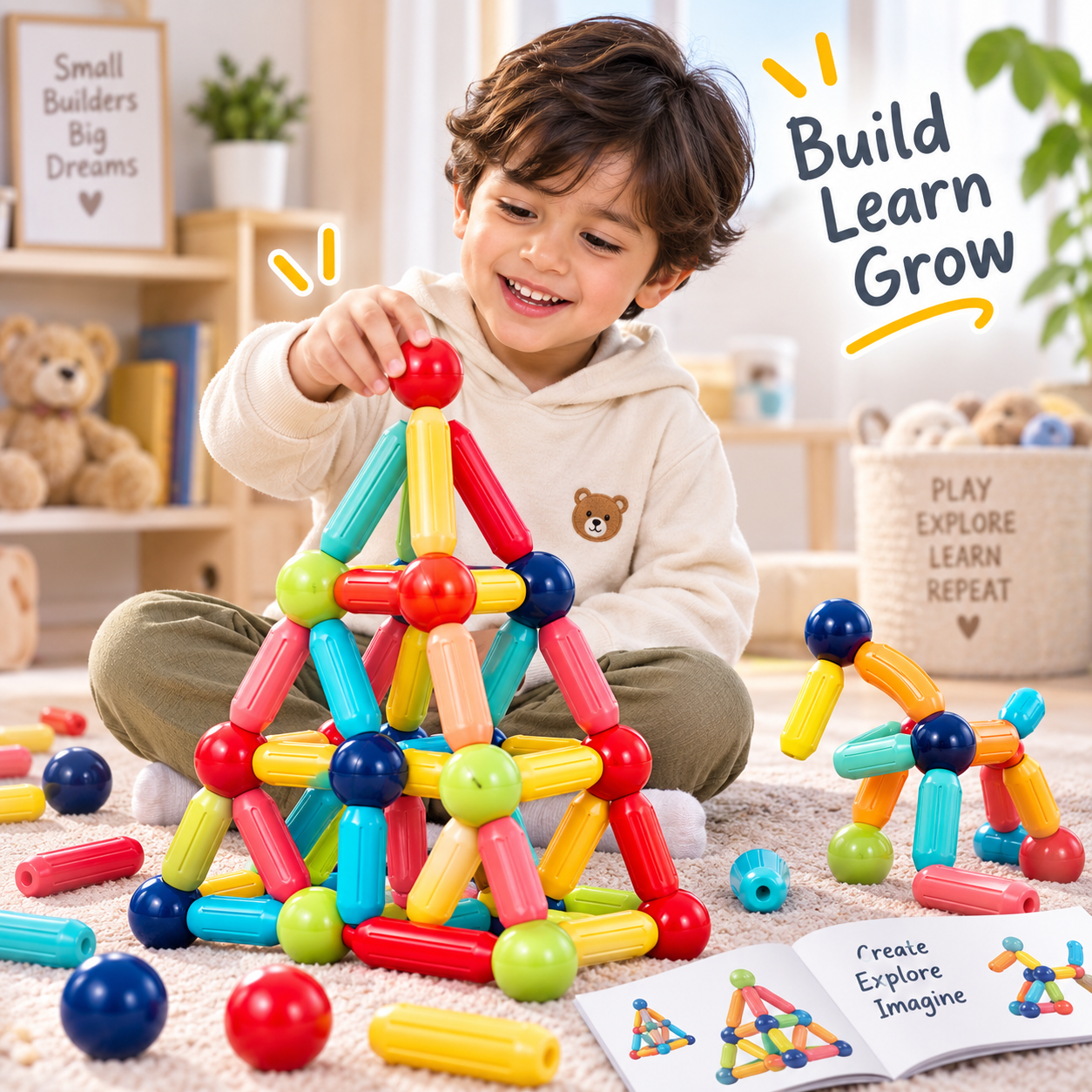 Magnetic construction toy for creative building and learning