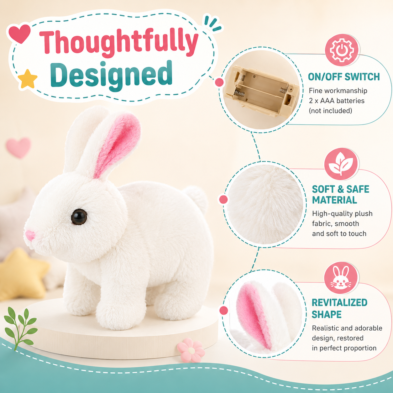 Interactive hopping bunny toy with sound and movement