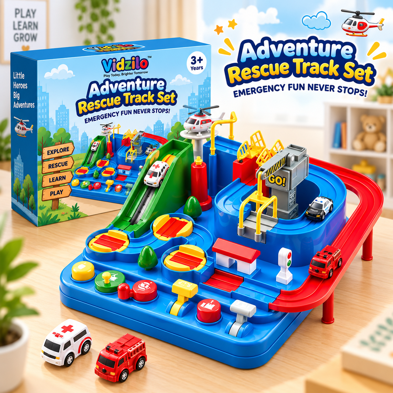 Rescue adventure car track interactive activity toy for kids
